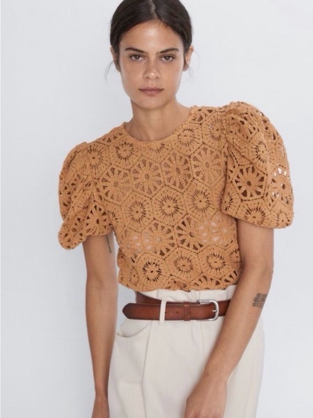 Zara Crochet Knit Puff Sleeve Top